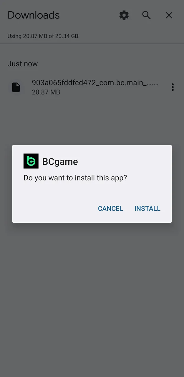 Confirm the installation of the BC Game app and wait for it to finish.