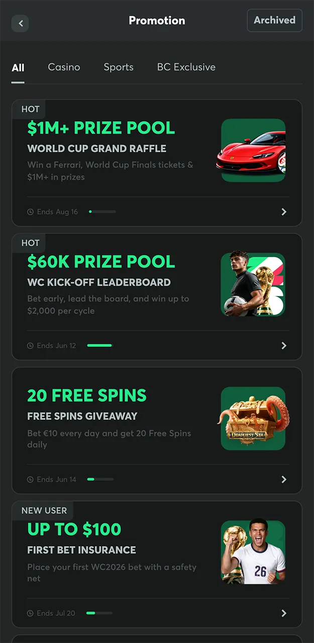 Bonuses and promotions from BC Game Casino.
