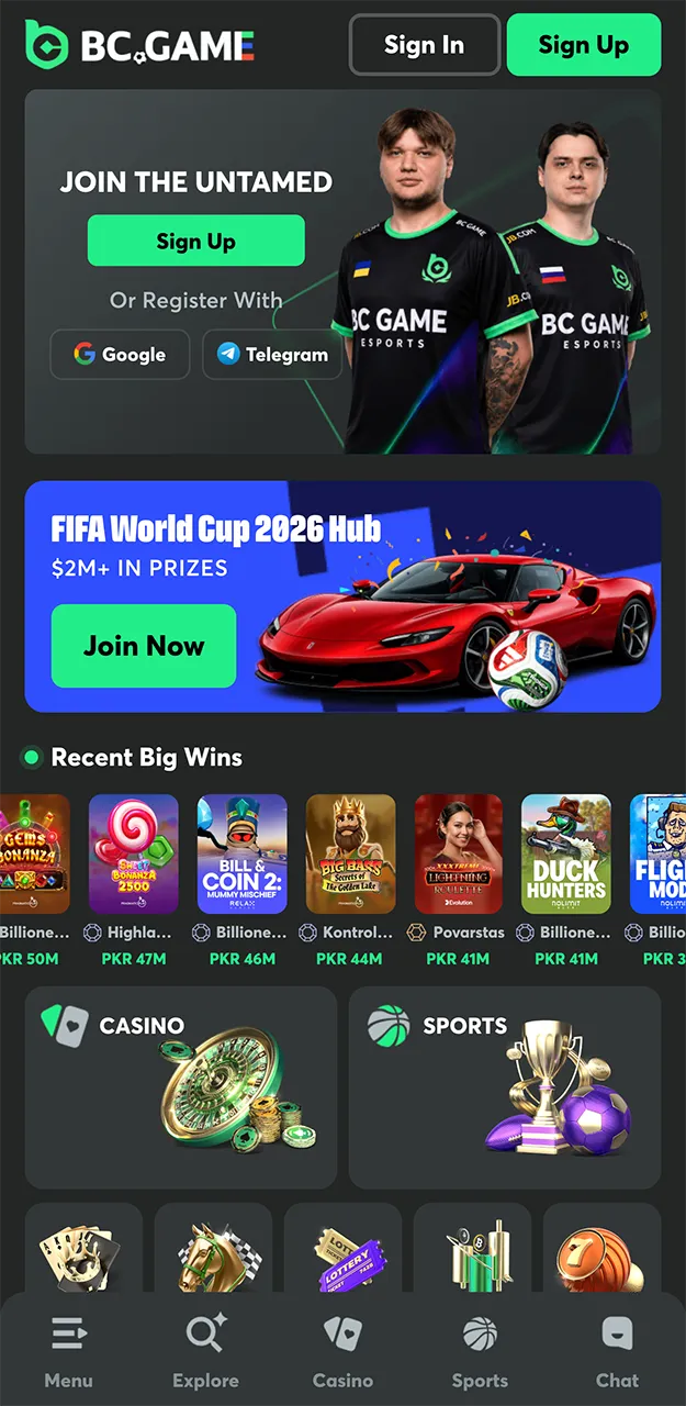 The BC Game app homepage.