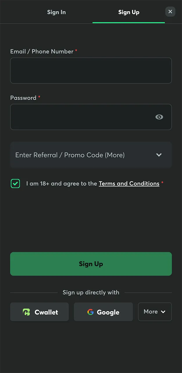 The registration form in the BC Game app.
