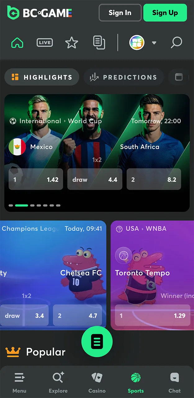 Sports betting on the BC Game app.