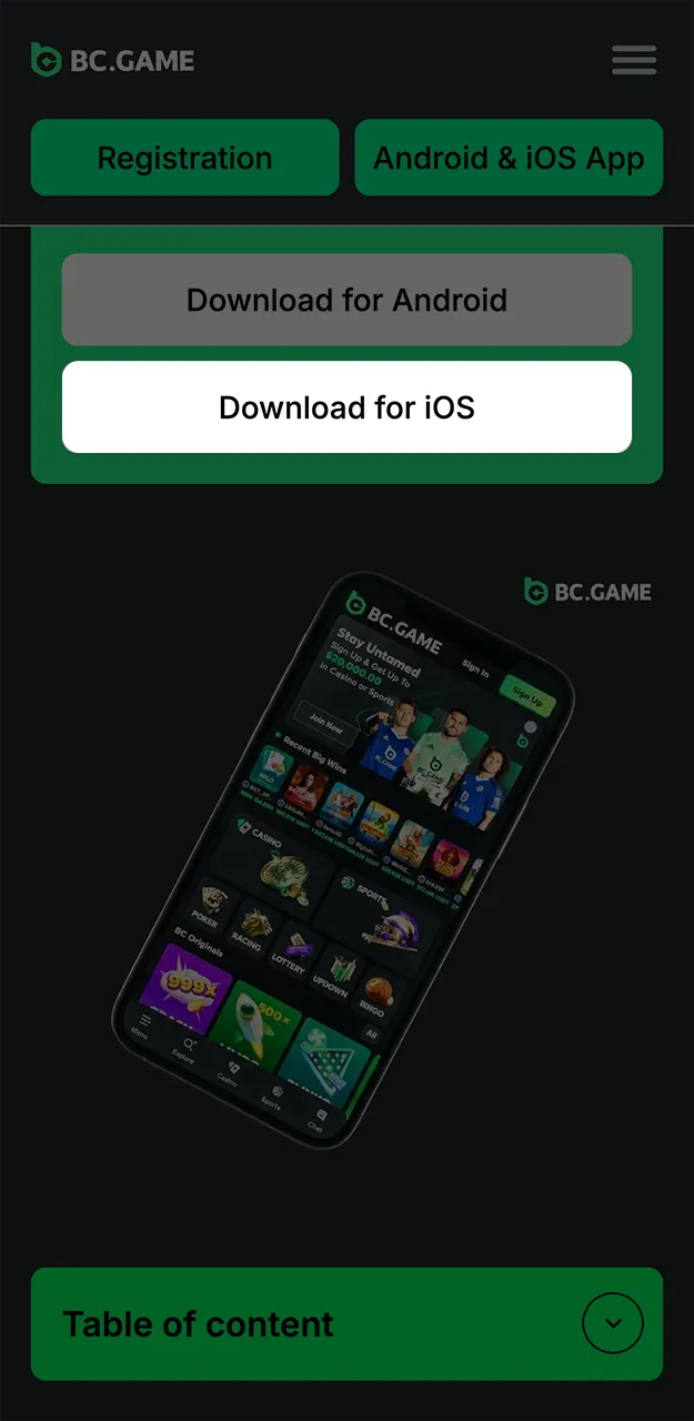 Use the white button to download the BC Game app.