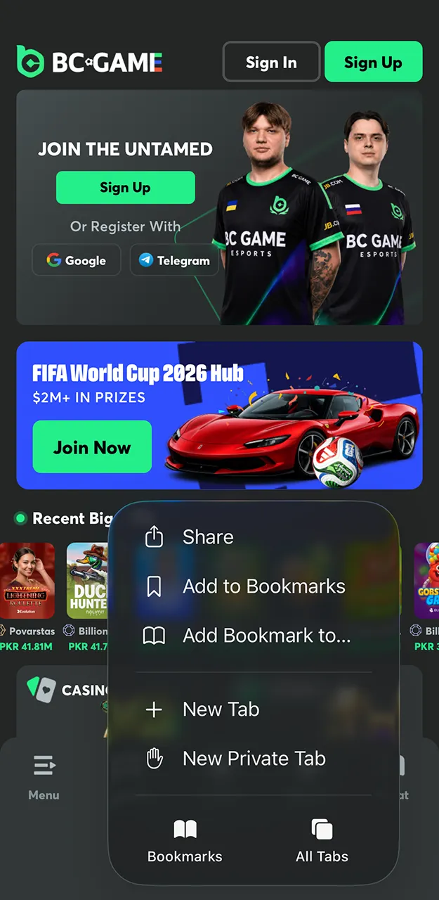 To install the BC Game app, select the Share option from the Safari browser menu.