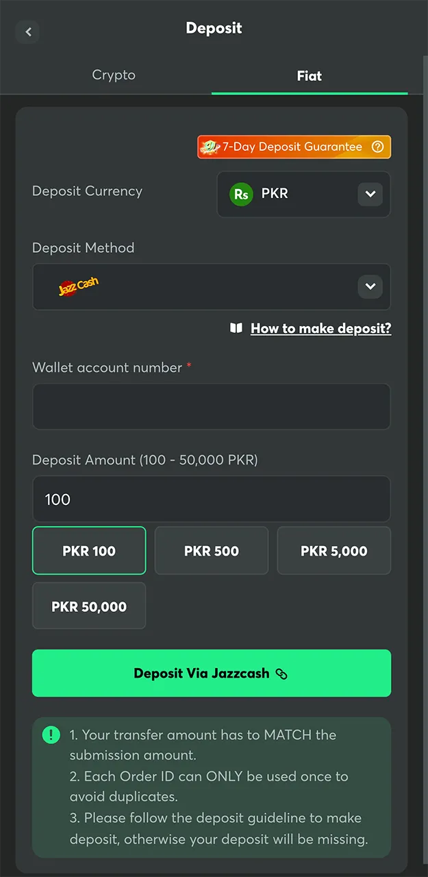 Select the amount for your deposit on the BC Game website.
